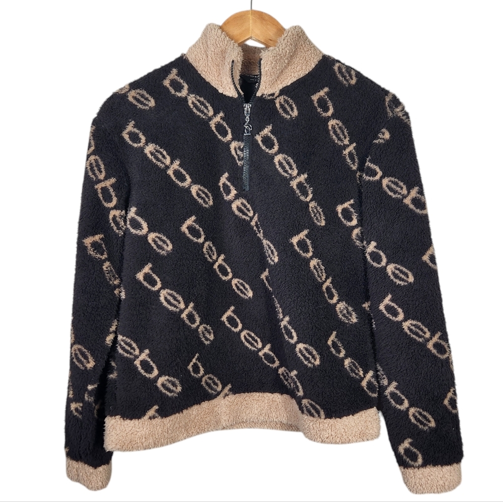 Bebe Black and Tan Fleece Pullover Logo Half Zip Collar Size Small